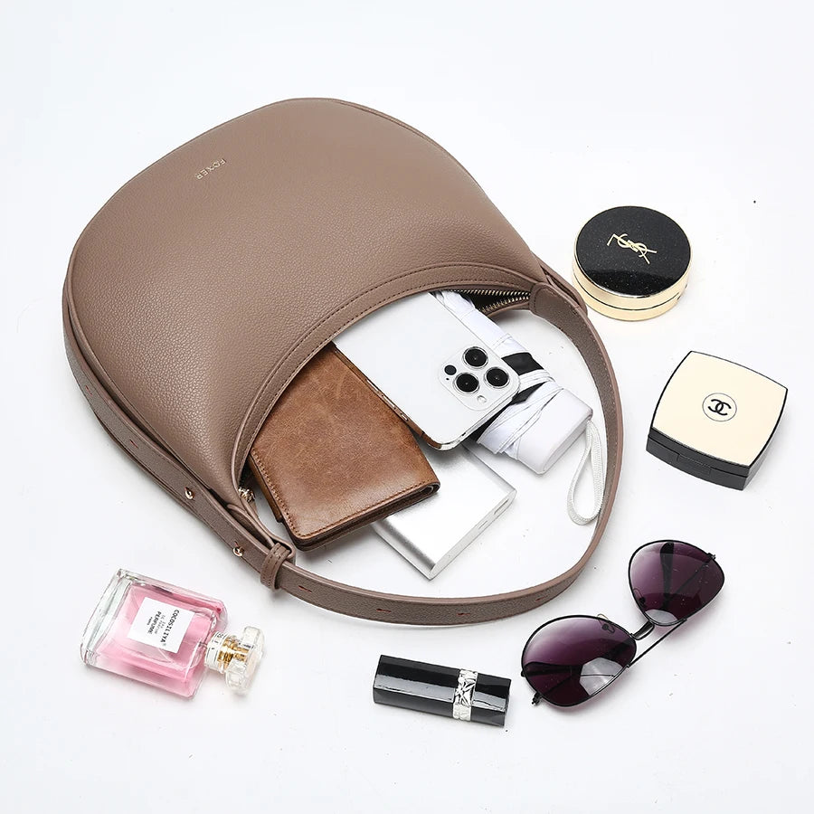 FOXER Women Fashion Small Shoulder Bag Lady Crossbody Handbag Half-Moon Underarm Bag with Logo Perfect Gift for Wife