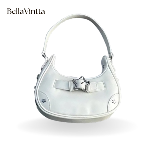 Vintage Korean Casual Cute White Star Shoulder Underarm Tote Bag Ladies Sling Bags Leather Zip Purses  Handbags Women